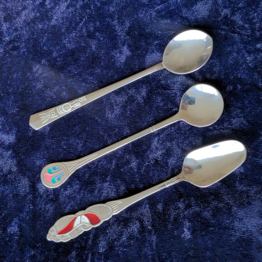 Vintage cocktail tea coffee spoons: cloisonne, enamel, Southwestern
